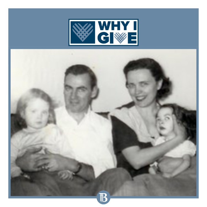 A family poses for a photograph in the mid-1950s. The photo is black and white, showing a man, a woman and two young girls.